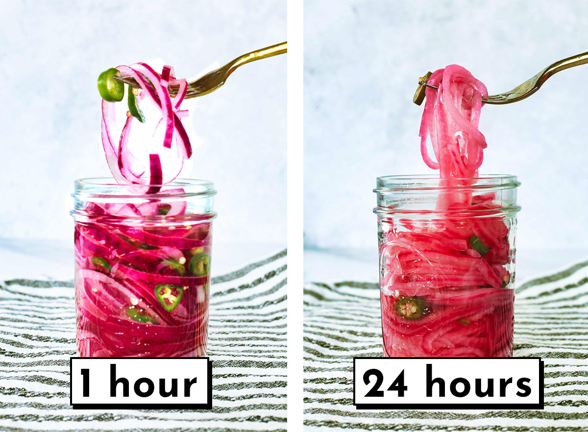 Two glass jars of quick pickled red onions with sliced jalapeños. Left jar is labeled “1 hour,” showing brighter, less saturated onions, while the right “24 hours” jar displays softer, deeper pink quick pickled red onions.