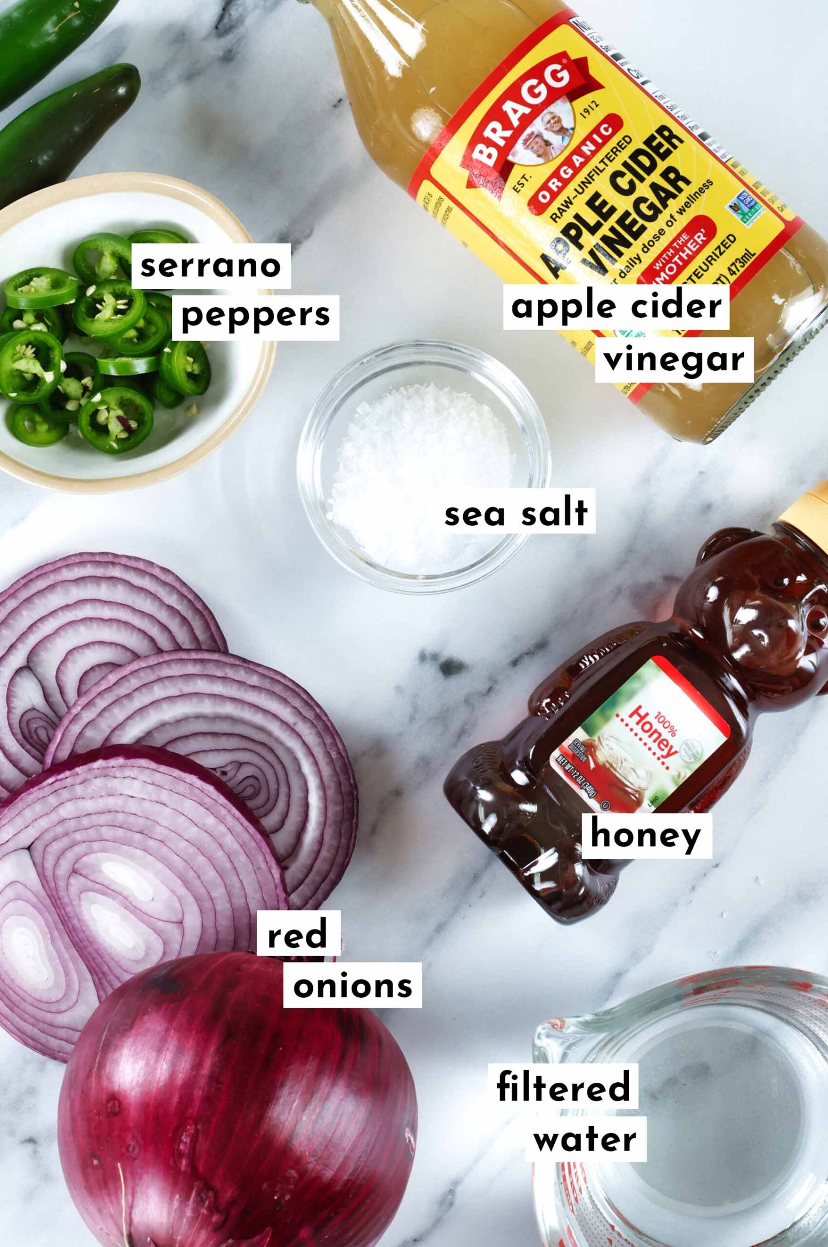 Sliced serrano peppers, red onions, sea salt, apple cider vinegar, a honey bottle, and a glass of filtered water are arranged on a white surface—perfect for making quick pickled red onions—with each ingredient labeled with text.