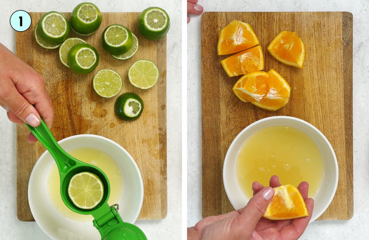 Juicing fresh Persian limes and a navel orange to make white fish ceviche.