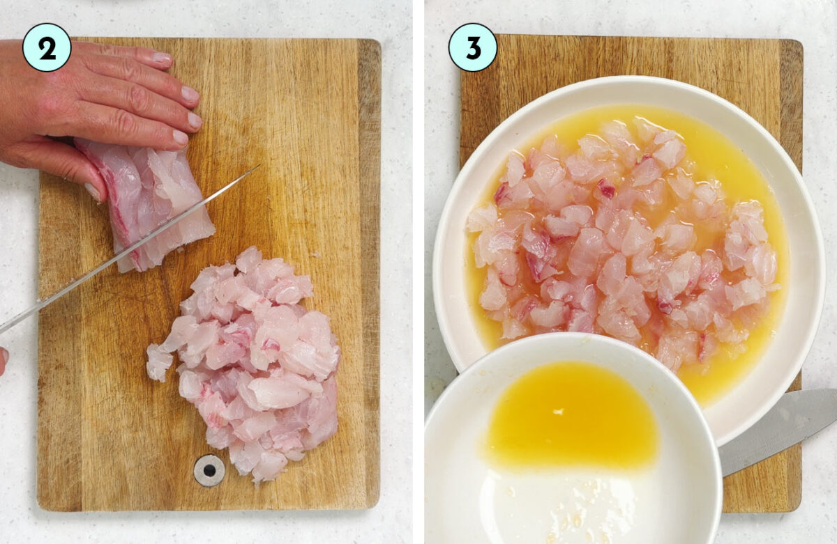 Dicing grouper into cubes, then marinating the white fish ceviche in fresh lime and orange juice.