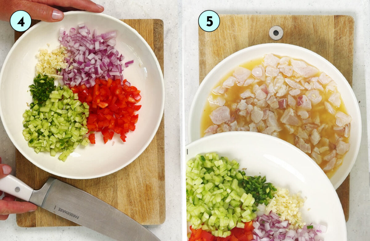 Chopped red onion, red pepper, cucumber, garlic, and serrano folded into the marinated white fish ceviche.