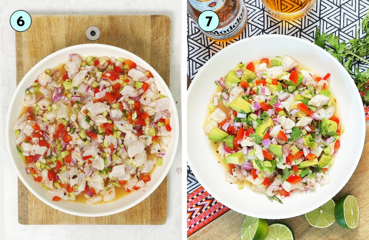 White fish ceviche marinating with vegetables, then finished with diced avocado.