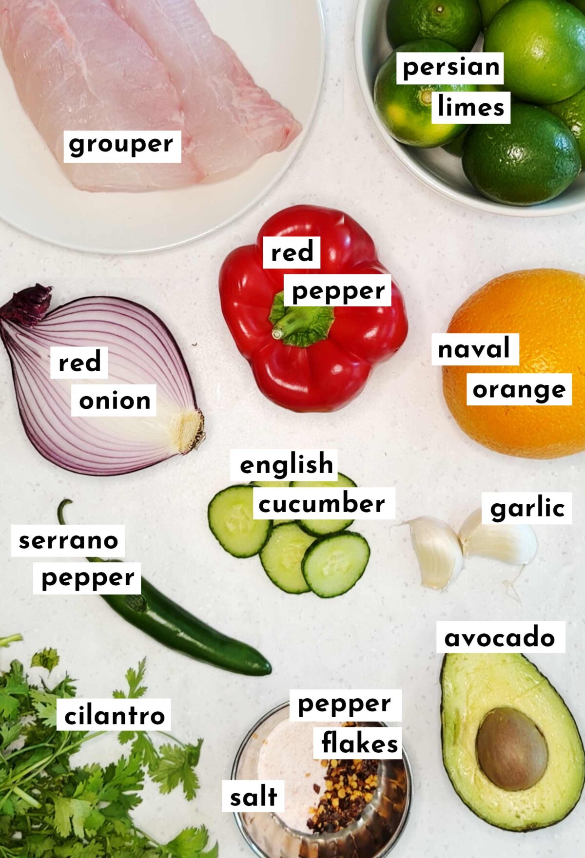 Ingredients for white fish ceviche: grouper, Persian limes, navel orange, red onion, red pepper, English cucumber, serrano, garlic, cilantro, avocado, salt, and red pepper flakes.